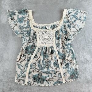 Denim & Supply Ralph Lauren Top Small‎ White Blue Paisley Sheer Square Neck Boho